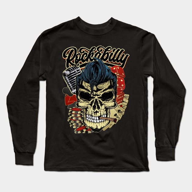 Rockabilly Greaser Skull Long Sleeve T-Shirt by RockabillyM